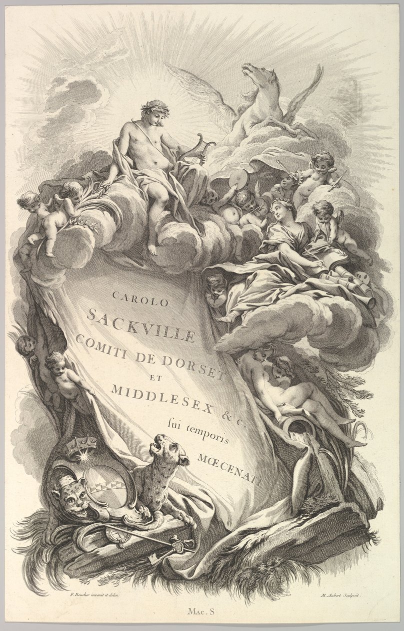 Etukappale Charles Sackvillen haudalle, Earl of Dorset Frontispiece for ..., ca. 1736. tekijältä Michel Aubert