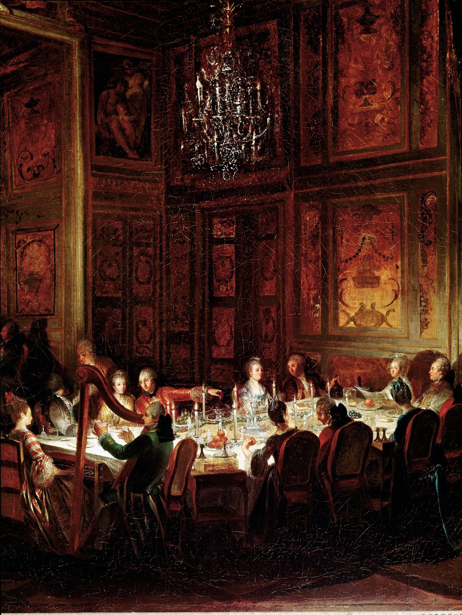 Prinssi Louis Francois de Contin illallinen, Temppelin palatsi”” Yksityiskohta. Michel Barthelemy Ollivierin (1712-1784) maalaus 1766 su. 0,56x0,71 Versailles, musee du chateau tekijältä Michel Barthelemy Ollivier or Olivier