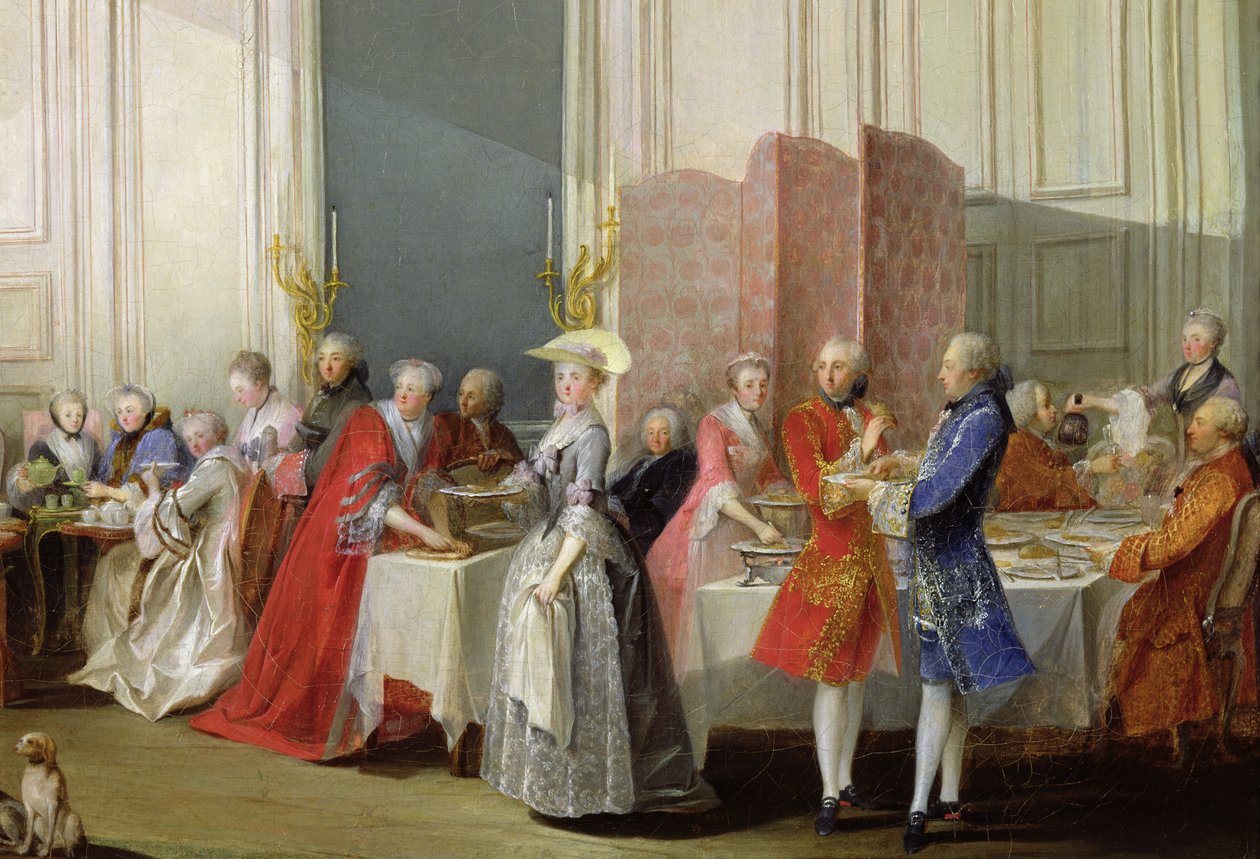 Englantilaista teetä Salon des Quatre Glacesissa Prinssi de Contin talossa (1717-76) Palais du Temple, yksityiskohta vieraista, 1766 tekijältä Michel Barthelemy Ollivier or Olivier
