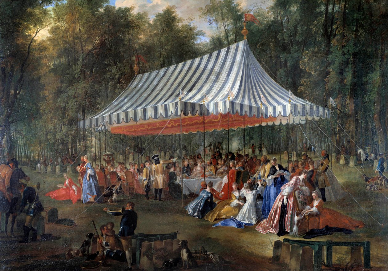 Contin prinssin Louis Francois Joseph de Bourbonin juhlat perinnölliselle prinssille Charles Guillaume Ferdinandille Brunswick Luebourgista (1735-1806) teltan alla Cassanin metsässä Adamin saarella vuonna 1766 Juhla puistossa. Michel Ba:n maalaus tekijältä Michel Barthelemy Ollivier or Olivier