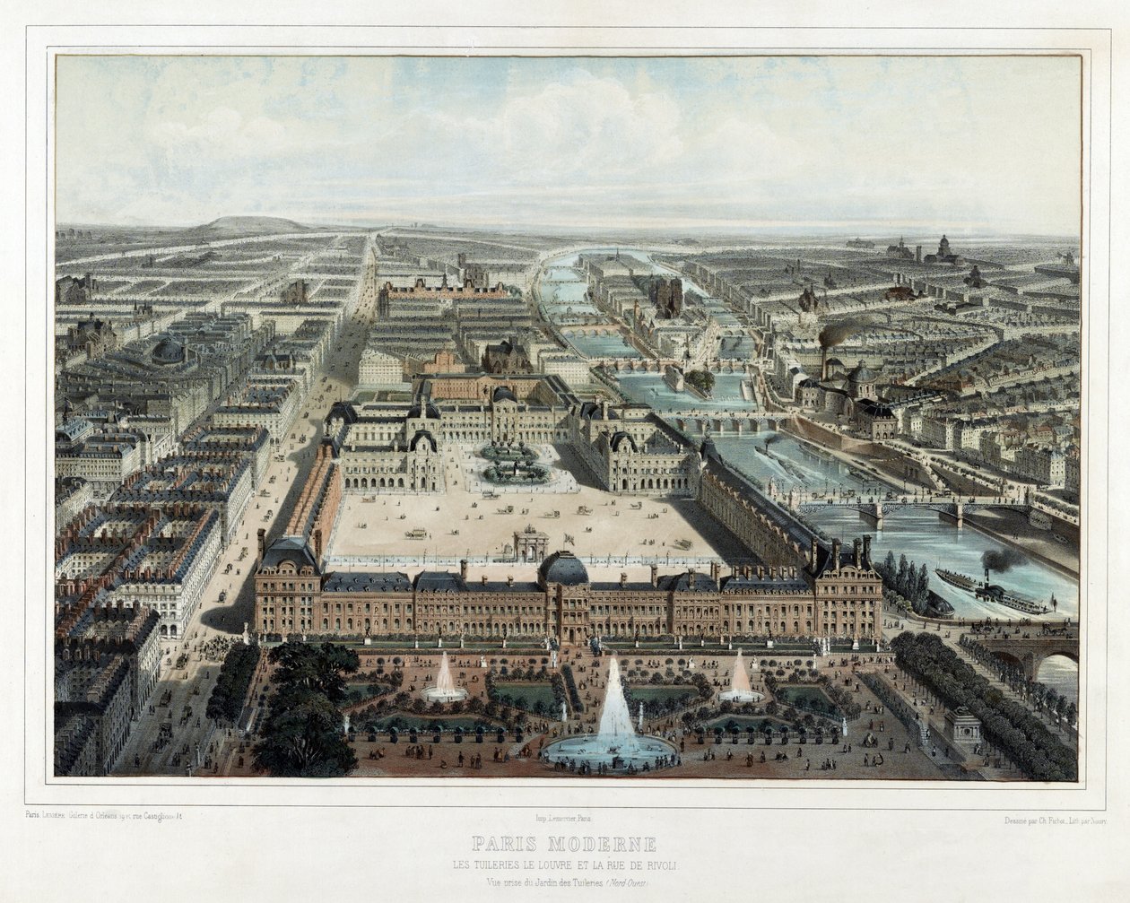 Paris Moderne - Tuileries, Louvre ja rue de Rivoli, näkymä Jardin des Tuileries -pubista (luoteinen). 1850 (värilitografia) tekijältä Michel Charles Fichot