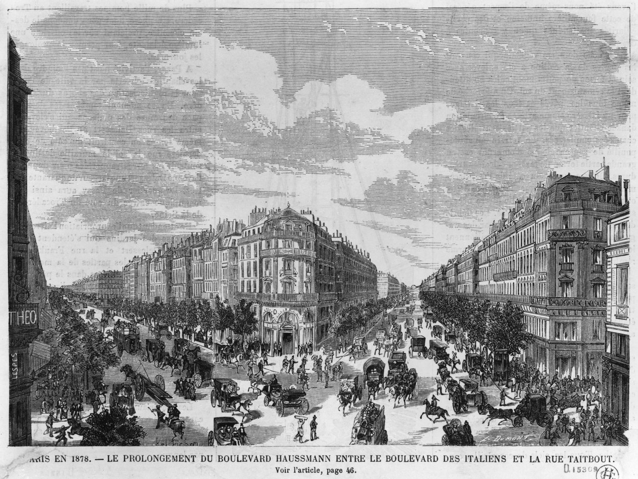 Pariisissa vuonna 1878 Boulevard Haussmann ulottui Boulevard des Italiensin ja rue Taitboutin väliin, kaiverruksen Louis Dumont (s.1822) 1800-luvun lopulla tekijältä Charles Fichot