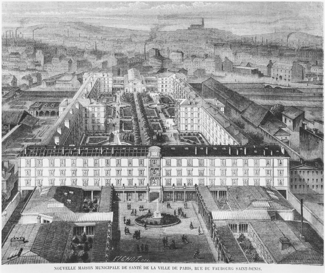 Nykyinen Hopital Fernand Widal, Pariisi, kuvitus "Le Monde Illustresta", 1867 tekijältä Michel Charles Fichot