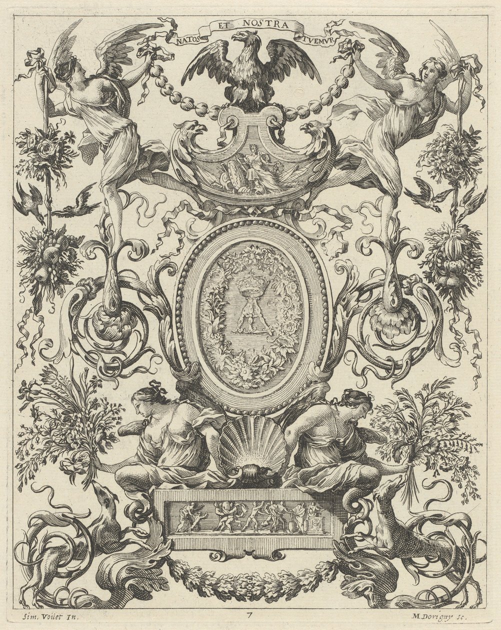 Koristepaneeli kotkan ylityksellä ja motto NATOS ET NOSTRA TUEMUR tekijältä Michel Dorigny, after Simon Vouet