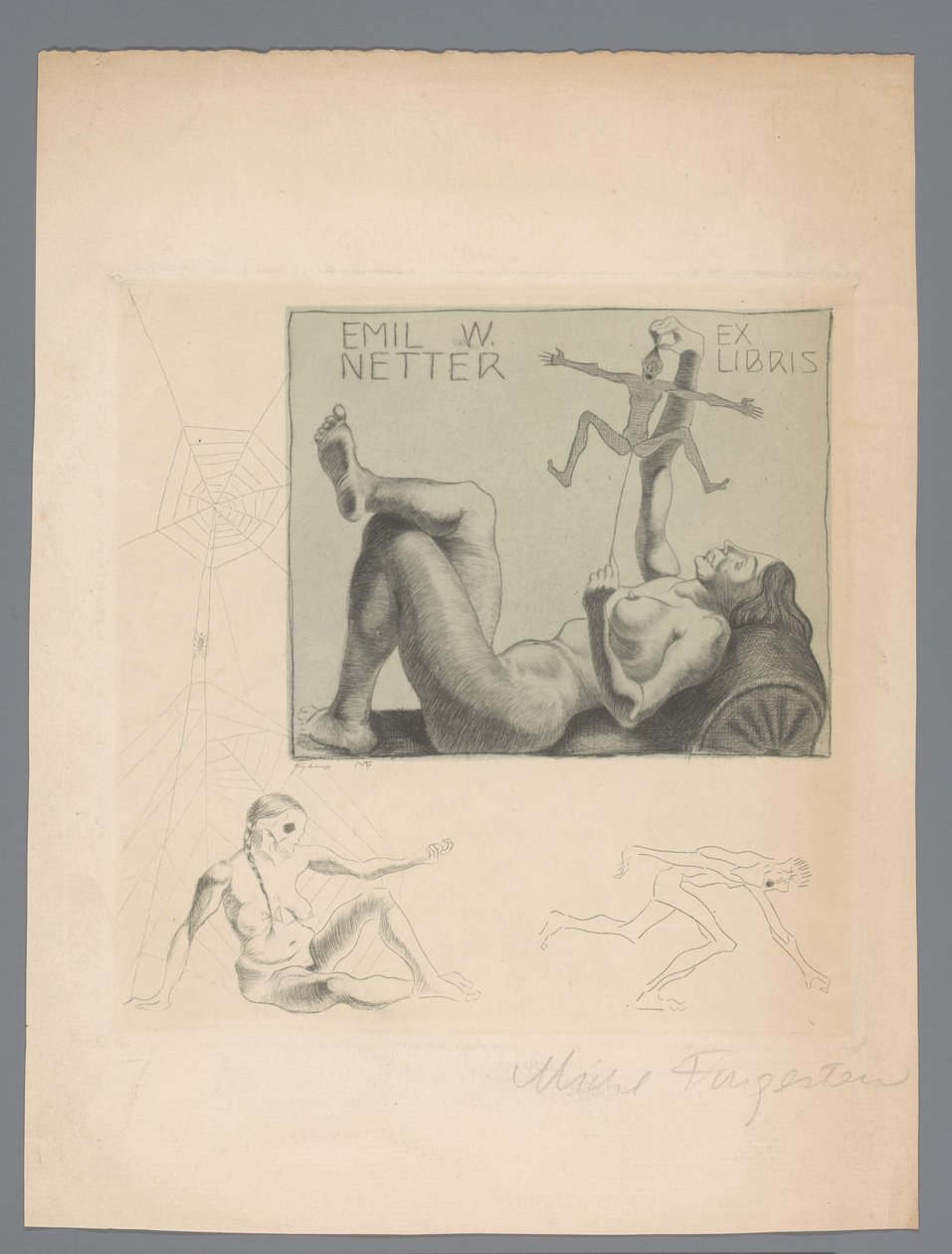 Ex libris Emil W. Netteriltä tekijältä Michel Fingesten (signed by artist)