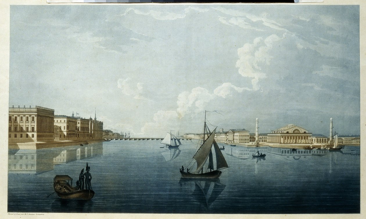 Pörssi ja Marmoripalatsi Pietarissa. Kuvaus Nevan rannoista. Michel Francois Damam Demartraitin (1763-1827) teos, litografia, ympäristö tekijältä Michel Francois Damam Demartrait