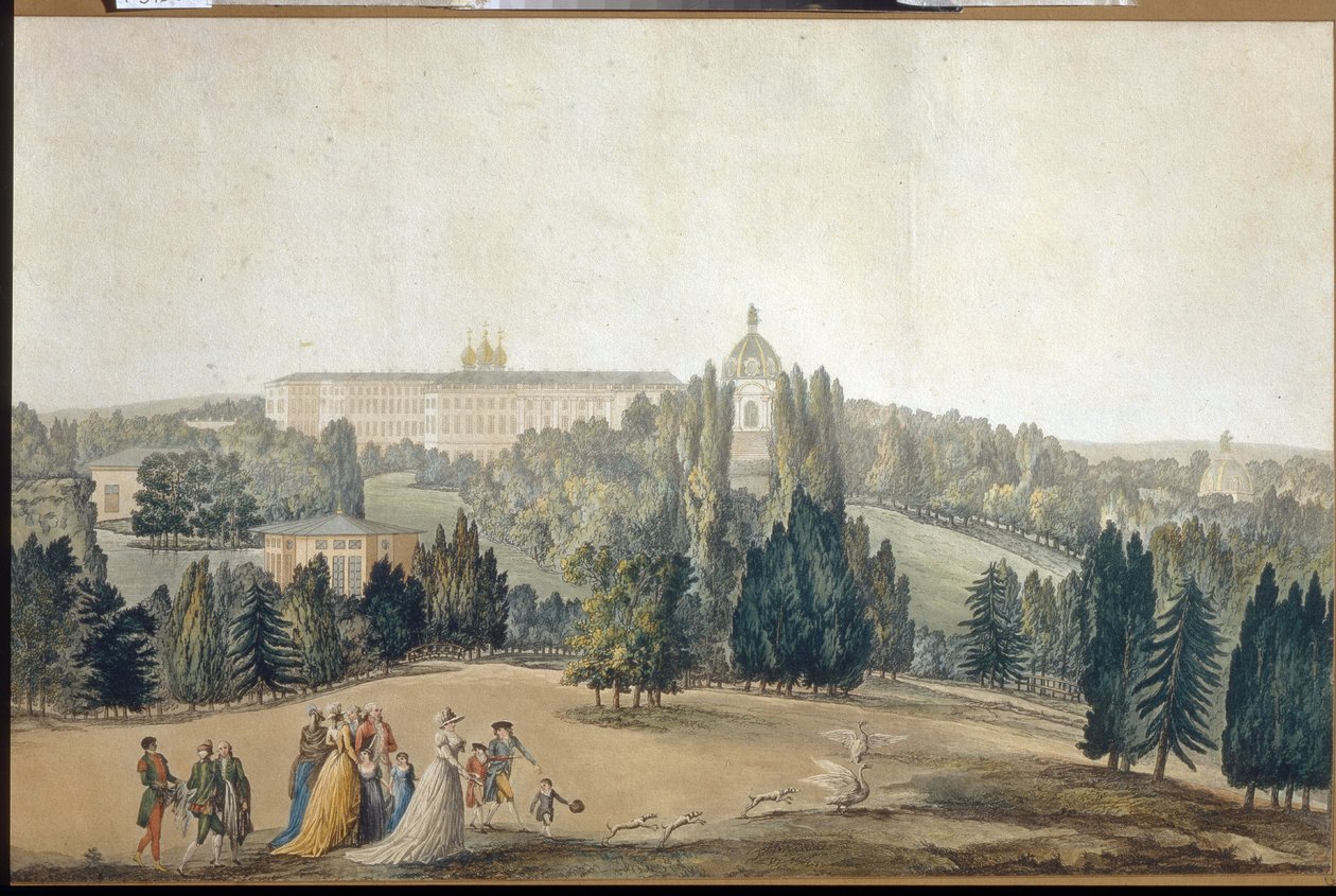 Näkymä Tsarkoye Seloon (Pietari). Keisarinna Katariina II:n (1729-1796) kävelykatu. (Näkymä Tsarkoye Selosta. Keisarinna Katariina II kävelemässä). Michel Francois Damam Demartraitin (1763-1827) teos, kaiverrus ja akvarelli. Ranskalainen taide tekijältä Michel Francois Damam Demartrait