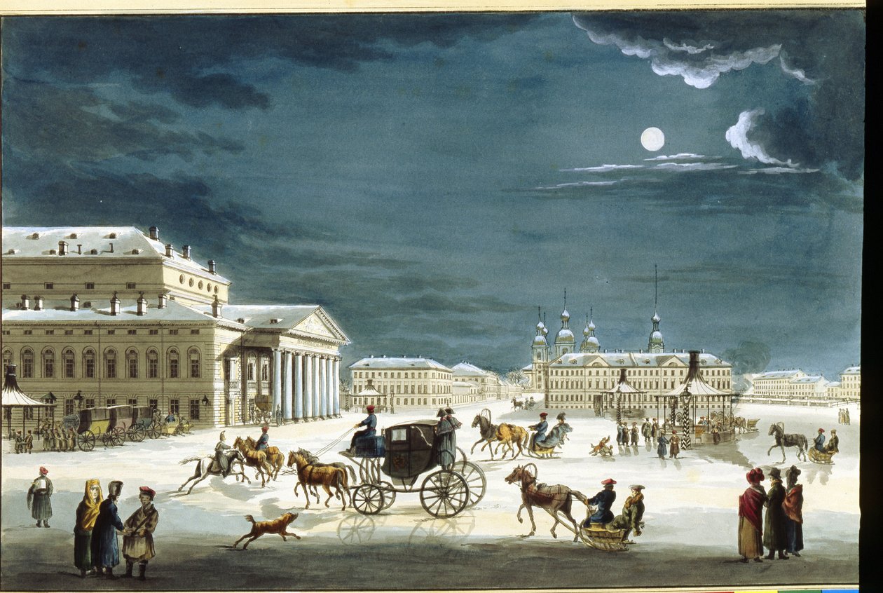Le theatre imperial Bolshoi Kamenny a Saint Petersburg (Pietarin keisarillinen Bolshoi Kamenny -teatteri). Michel Francois Damam Demartraitin (1763-1827) teos, kaiverrus mise en couleur a l