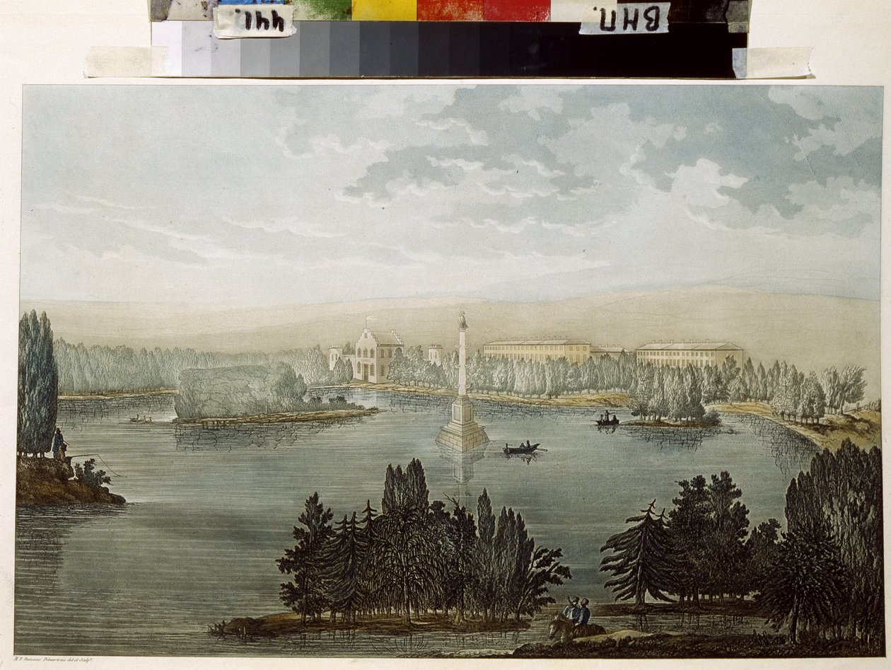 Näkymä Tsarskoje Selolle. Chesme-kolumni. (Näkymä Tsarskoje Selosta. Chesme-pylväs). Michel Francois Damam Damartraitin (1763-1827) teos, akvarellivärinen kaiverrus tekijältä Michel Francois Damam Demartrait
