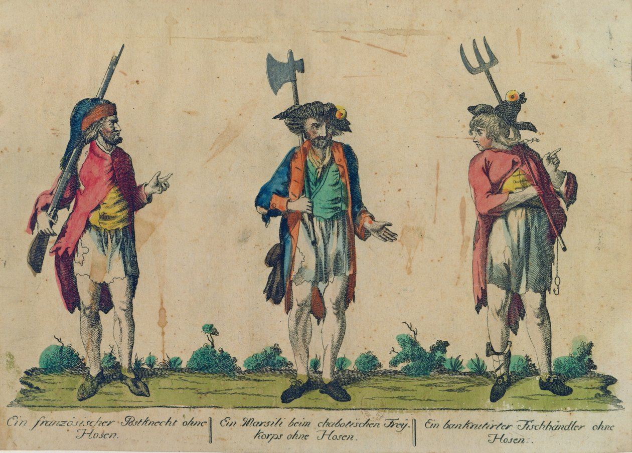 Ranskalainen postipalvelija ilman housuja, Marsili Freikorpsissa ilman housuja ja Bankrutirter-kalakauppias ilman housuja, 1793 (värinen etsaus) tekijältä Michel Hennin