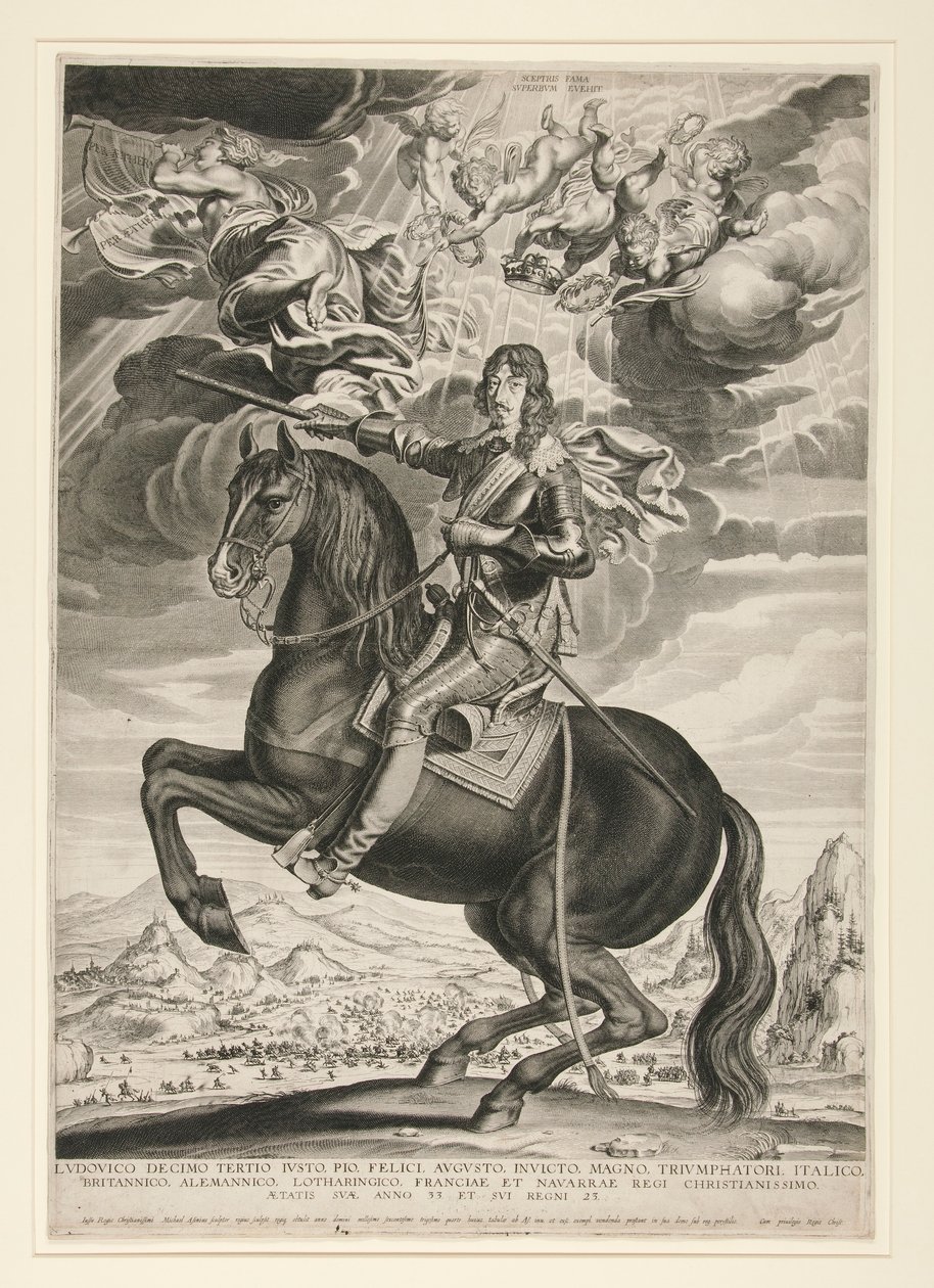 Ludvig XIII:n (Bourbon) (1601-1603) ratsastusmuotokuva 33-vuotiaana. Maisema on Callotin perässä tekijältä Michel Lasne