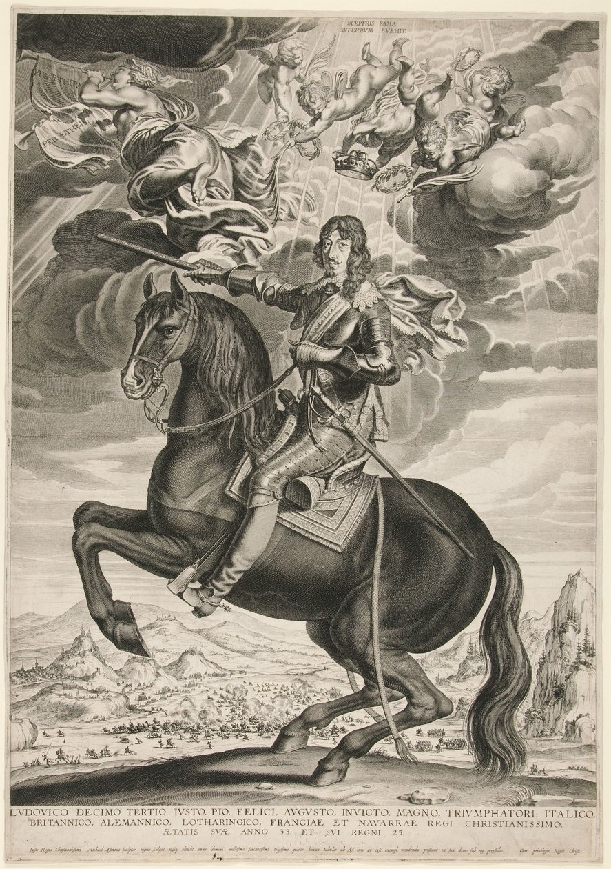 Ludvig XIII:n (Bourbon) (1601-1603) ratsastajamuotokuva 33-vuotiaana. Maisema on Callot