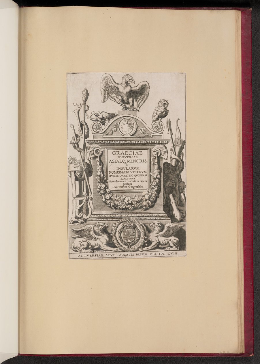 Nimisivu nimikkeelle Hubert Goltzius, Graeciae Vniversae Asiaeq. Minorin ja saarten mitalit tekijältä Michel Lasne after Sir Peter Paul Rubens