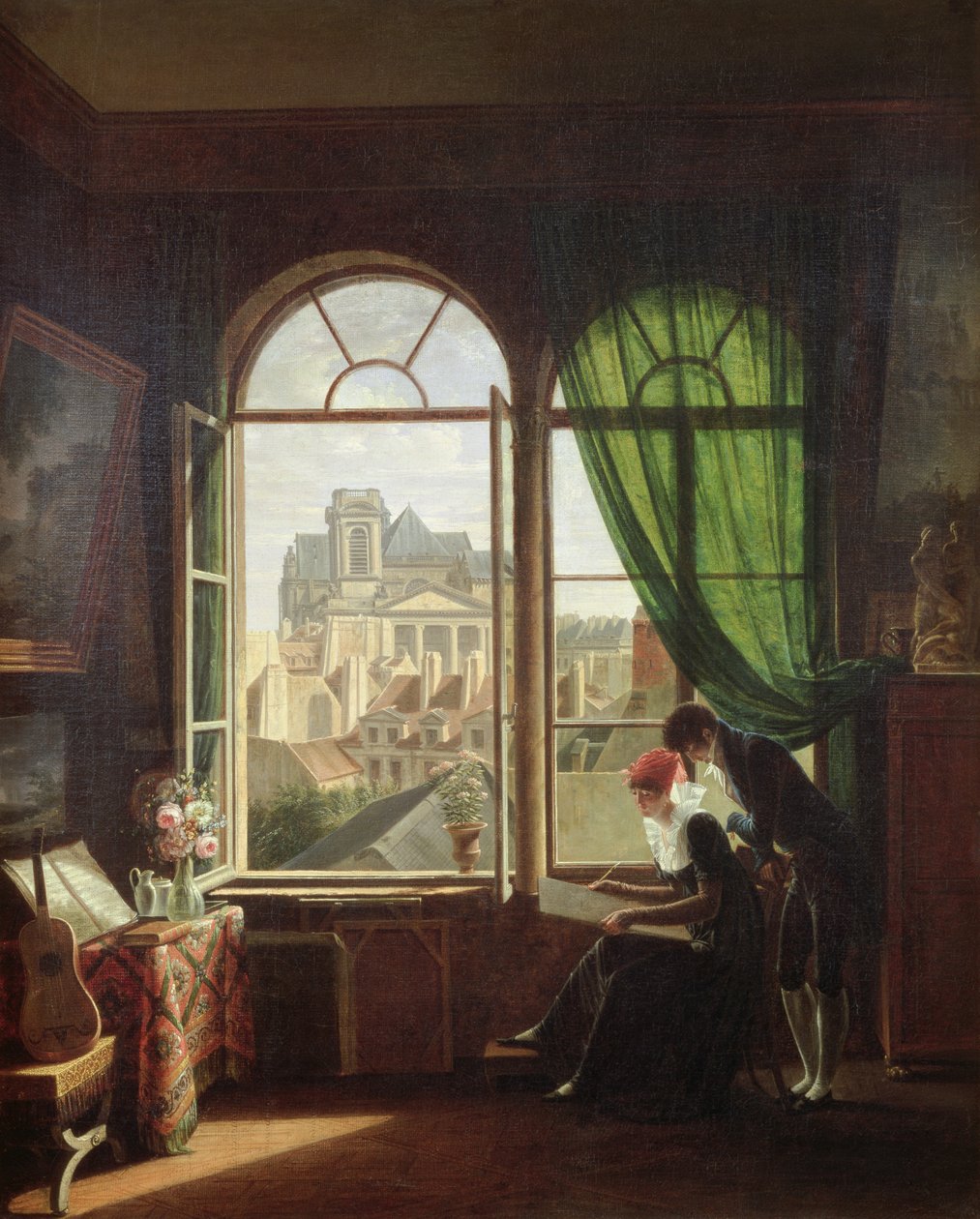 Näkymä Saint-Eustachen kirkolle Rue Platrieren talosta tai Taiteilijan sisätiloista, n. 1810 tekijältä Michel Martin Drolling
