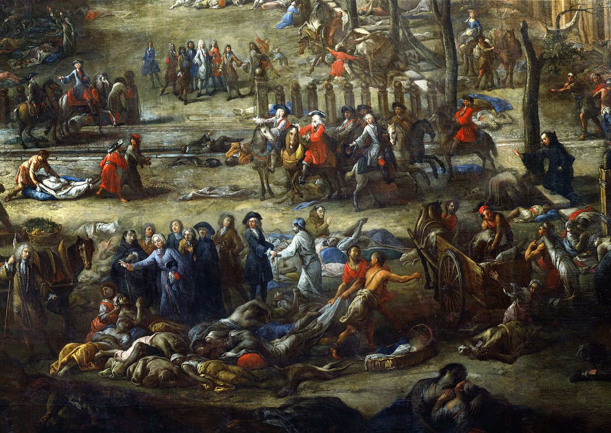 Näkymä Cours Belsuncesta, Marseillesta, vuoden 1720 ruton aikana, yksityiskohta, joka kuvaa Belsuncen kardinaalia ruton uhrien ruumiiden kanssa tekijältä Michel Serre