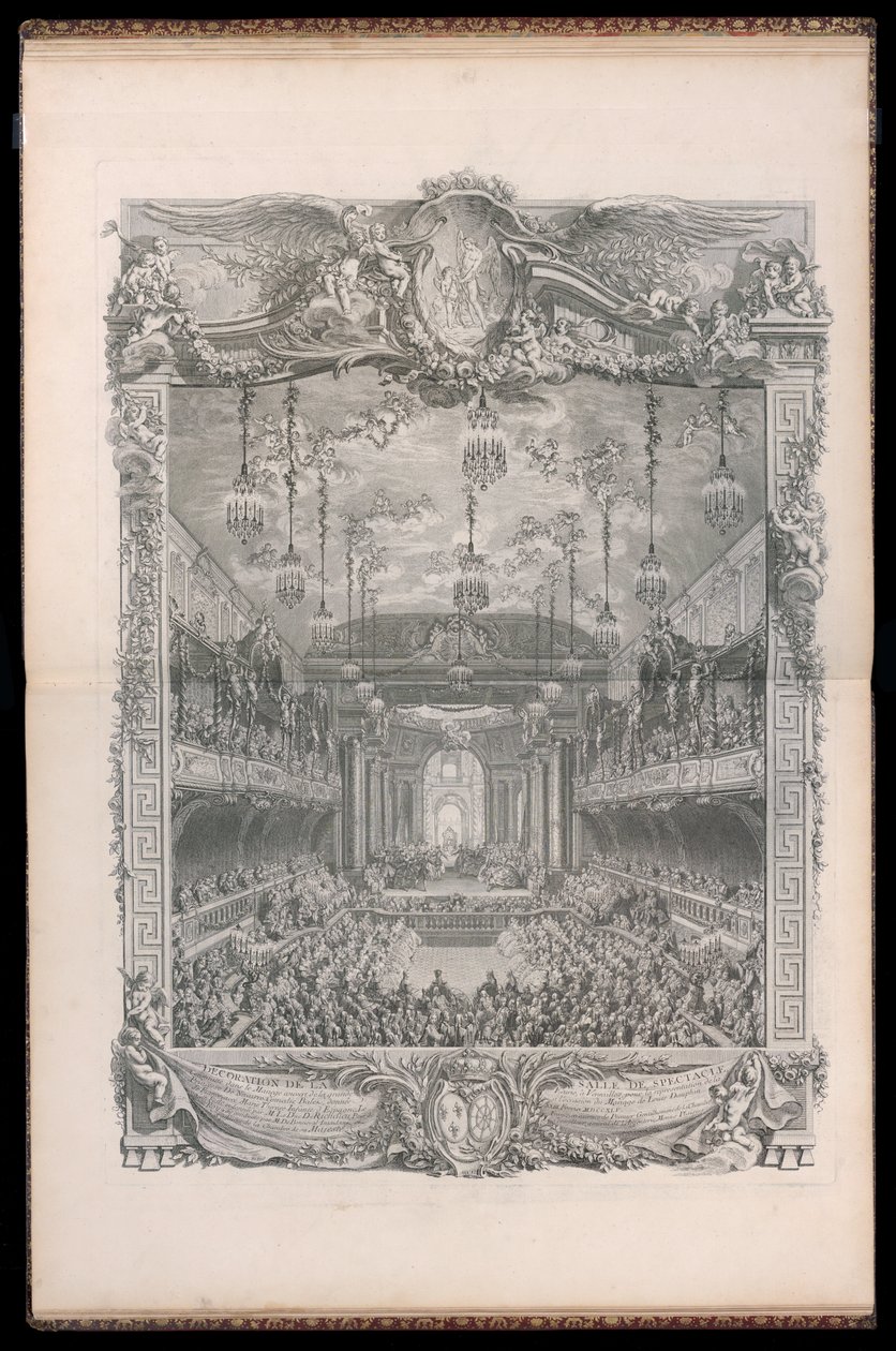 Versaillesin suuren tallin katettuun ratsastuskouluun rakennetun auditorion koristelu Navarran prinsessan komediabaletin esitykseen, joka annettiin ranskalaisen Louis Dauphinin ja Marie Thérèse Infante d:n avioliiton yhteydessä. tekijältä Michel de Bonneval