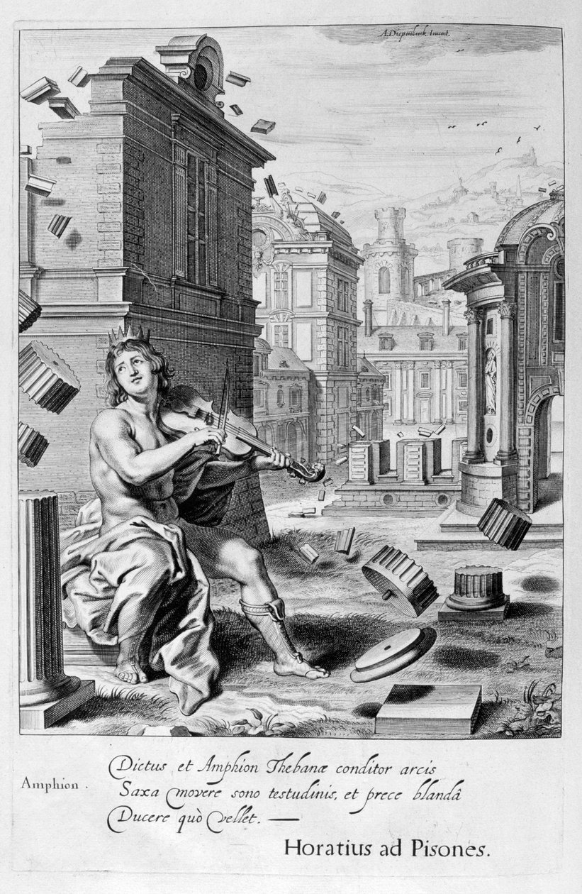 Amphion rakentaa Theban muurit viulunsa musiikilla, 1655 tekijältä Michel de Marolles
