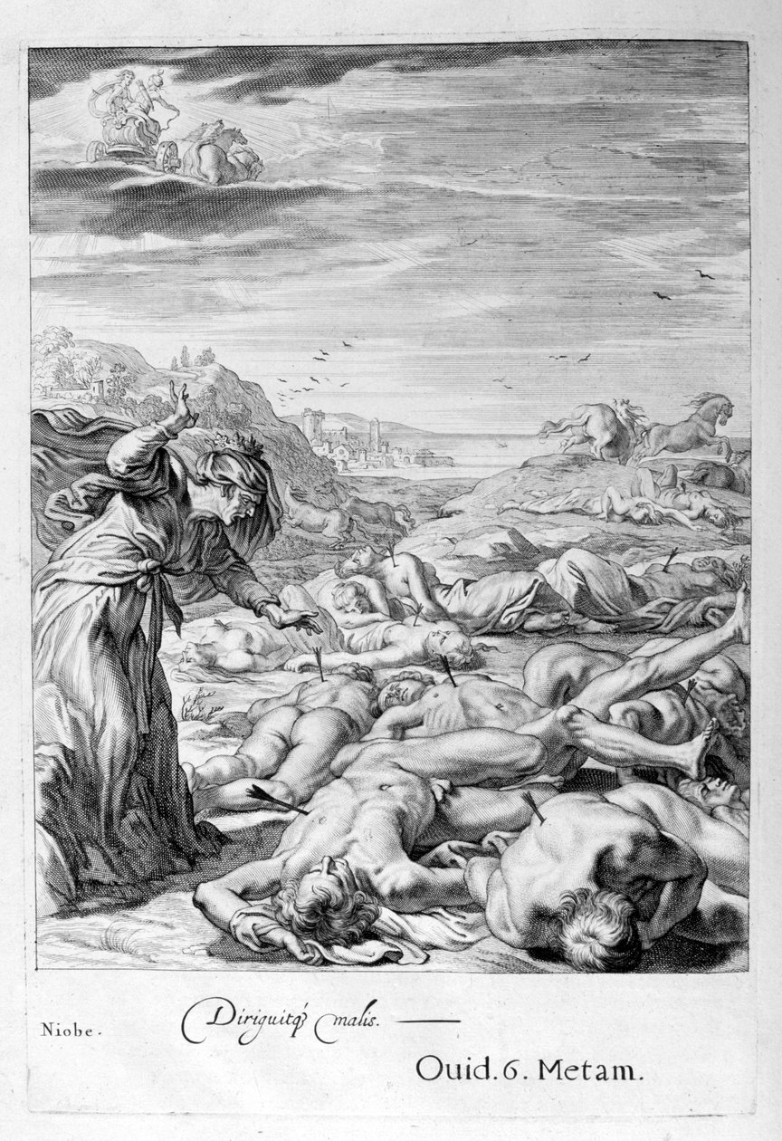 Apollo ja Diana tappavat Nioben lapset nuoleillaan: hän muuttuu kiveksi, 1655 tekijältä Michel de Marolles