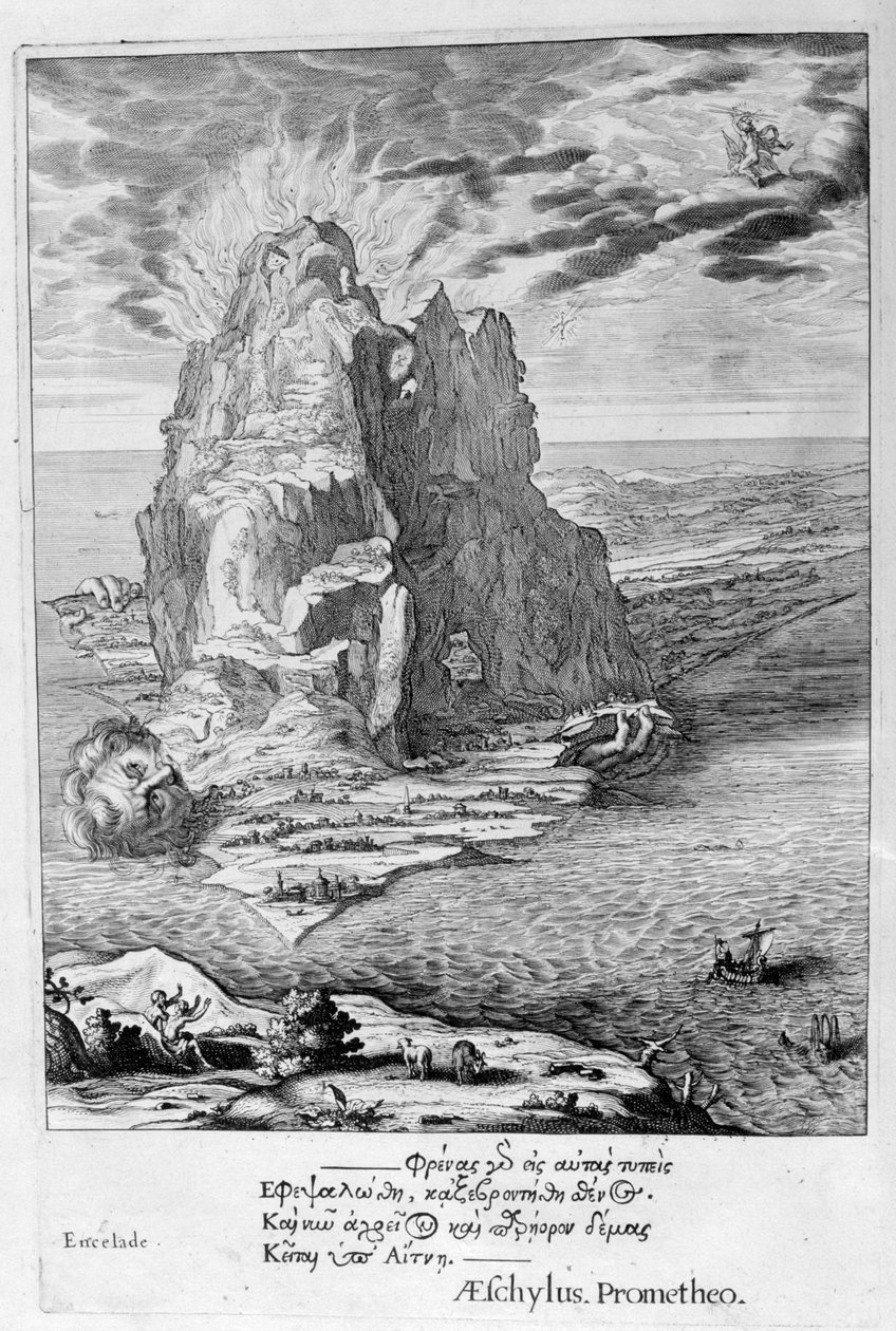 Enceladus haudattu Etna-vuoren alle, 1655 tekijältä Michel de Marolles