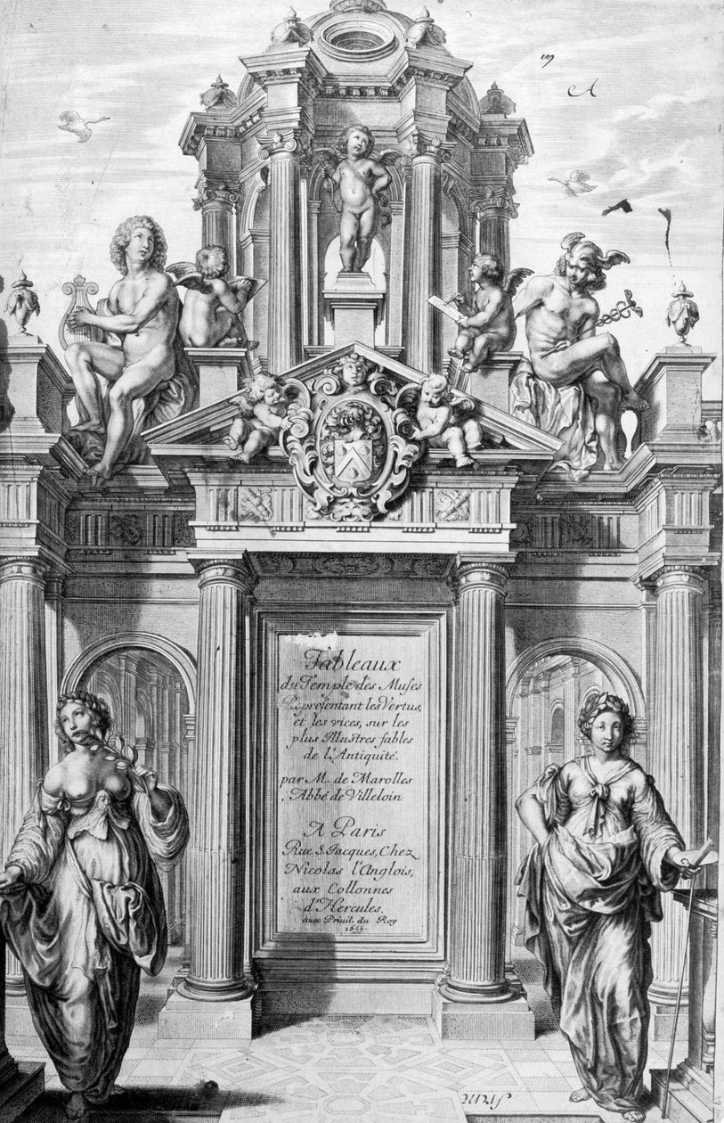 Tableaux du Temple des Musesin etupaneeli, 1655. tekijältä Michel de Marolles