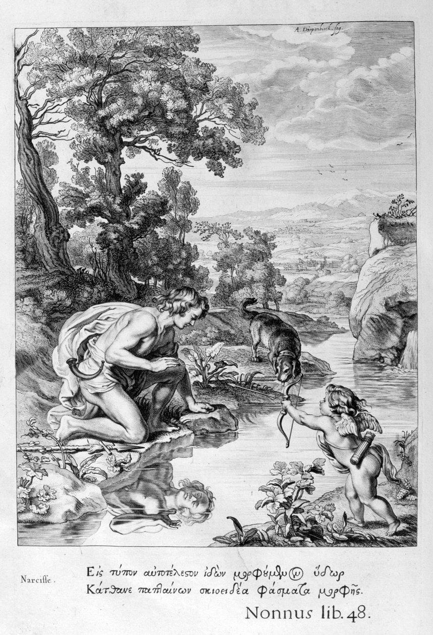 Narcissus rakastunut omaan heijastukseensa, 1655 tekijältä Michel de Marolles