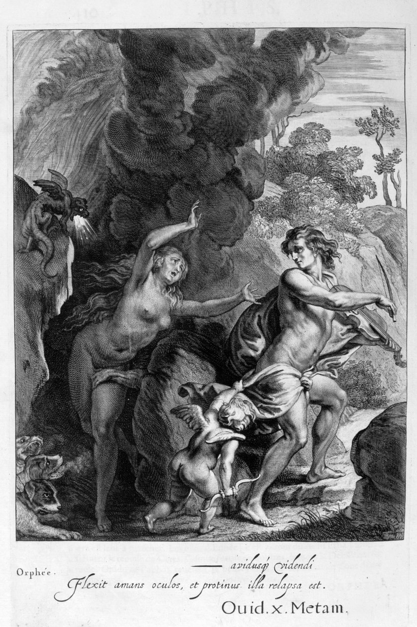 Orpheus, joka johdattaa Eurydiken pois helvetistä, katsoo häntä takaisin ja menettää hänet ikuisesti, 1655 tekijältä Michel de Marolles