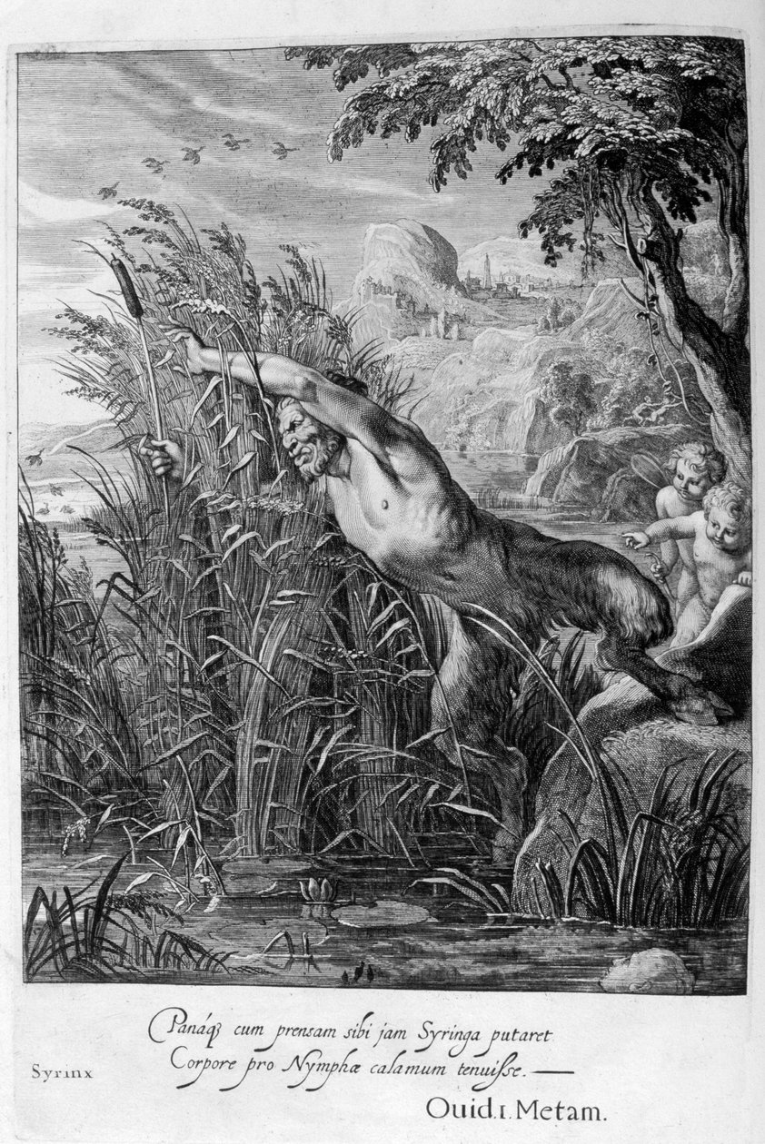 Pan jahtaa Syrinxiä, joka muuttuu ruokoksi, 1665 tekijältä Michel de Marolles