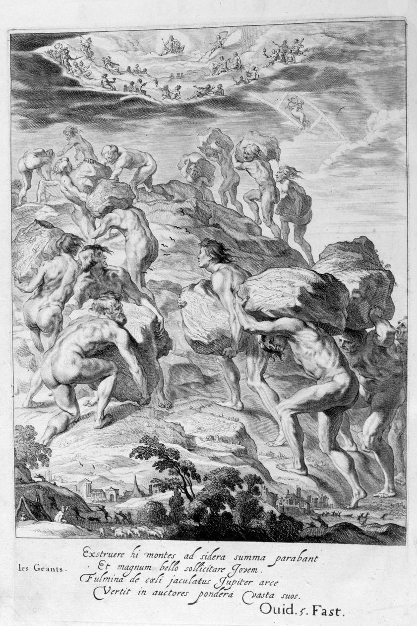 Jättiläiset yrittävät laajentaa taivasta kasaamalla vuoria toistensa päälle, 1655 tekijältä Michel de Marolles