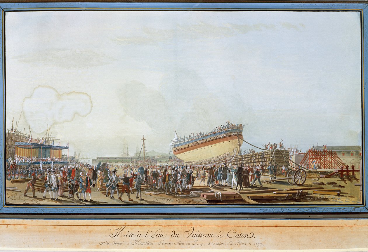 Le Caton -laivan vesillelasku Toulonin satamassa Provencen kreivin läsnä ollessa heinäkuussa 1777 (Gouache tekijältä Michel de Toulon