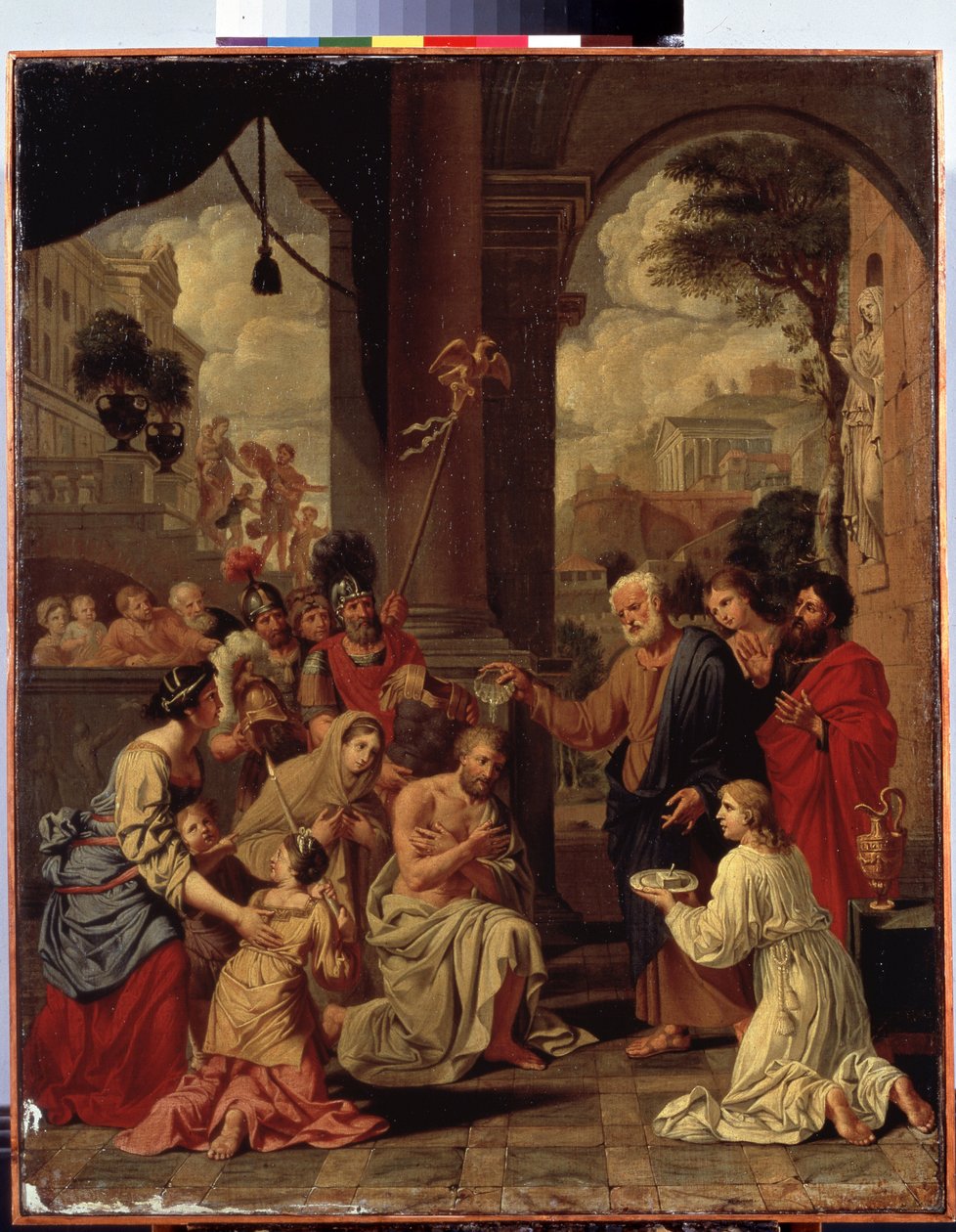 ""Le bapteme du centurion Corneille"" (Kornelius Sadanpäämiehen kaste) Corneille, roomalainen sadanpäämies, on Pietari kastanut. Michel Corneillen (1642-1708) maalaus. 1600-luvun koko 88x70 cm Eremitaaši, Pietari tekijältä Michel des Gobelins Corneille