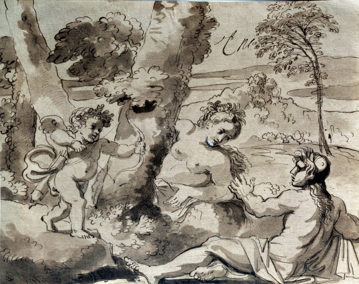 Rakkaus, paimen ja nymfi. Piirustus Michel Corneille (1642-1708) tekijältä Michel des Gobelins Corneille