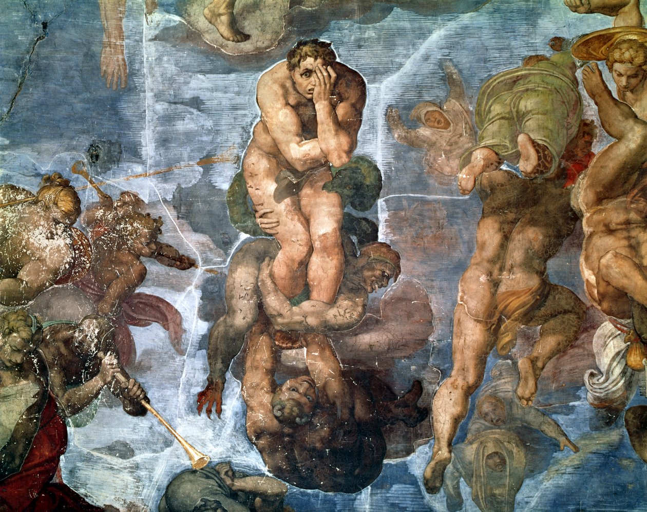 Sikstuksen kappeli: Viimeinen tuomio, yksityiskohta yhdestä kirotuista, 1538-41 tekijältä Michelangelo Buonarroti