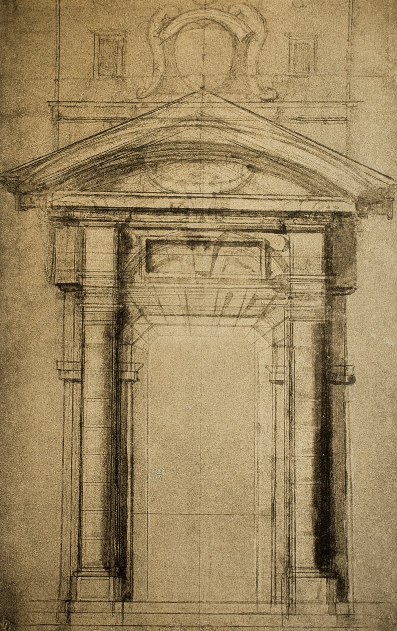 Arkkitehtoninen luonnos ovesta, jonka päällä on vaakuna; piirustus Michelangelo. Casa Buonarroti, Firenze tekijältä Michelangelo Buonarroti