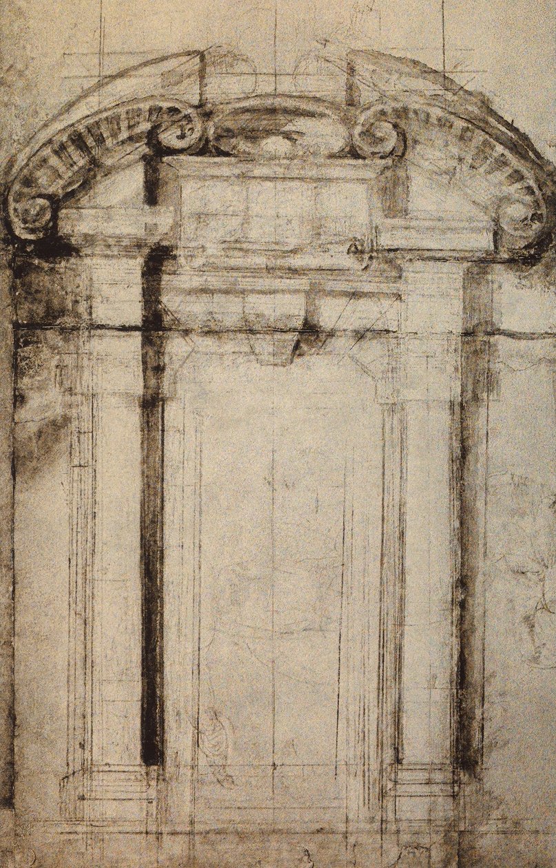 Arkkitehtoninen tutkimus portaalia varten; piirustus Michelangelo. Casa Buonarroti, Firenze tekijältä Michelangelo Buonarroti