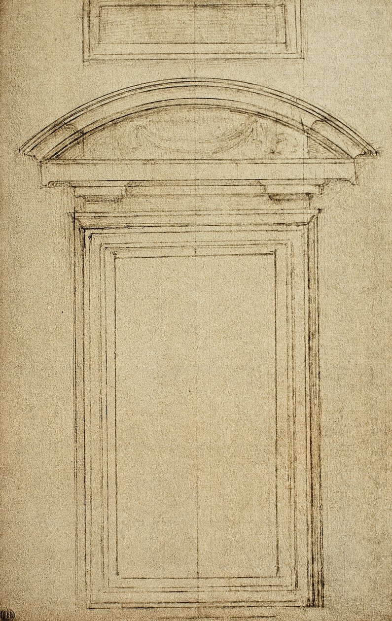 Ikkunan arkkitehtoninen tutkimus; piirustus Michelangelo. Casa Buonarroti, Firenze tekijältä Michelangelo Buonarroti
