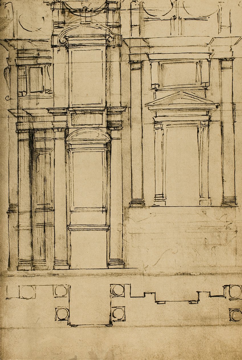 Arkkitehtoninen tutkimus Medici-kappeleille San Lorenzon basilikassa; piirustus Michelangelo. Casa Buonarroti, Firenze tekijältä Michelangelo Buonarroti