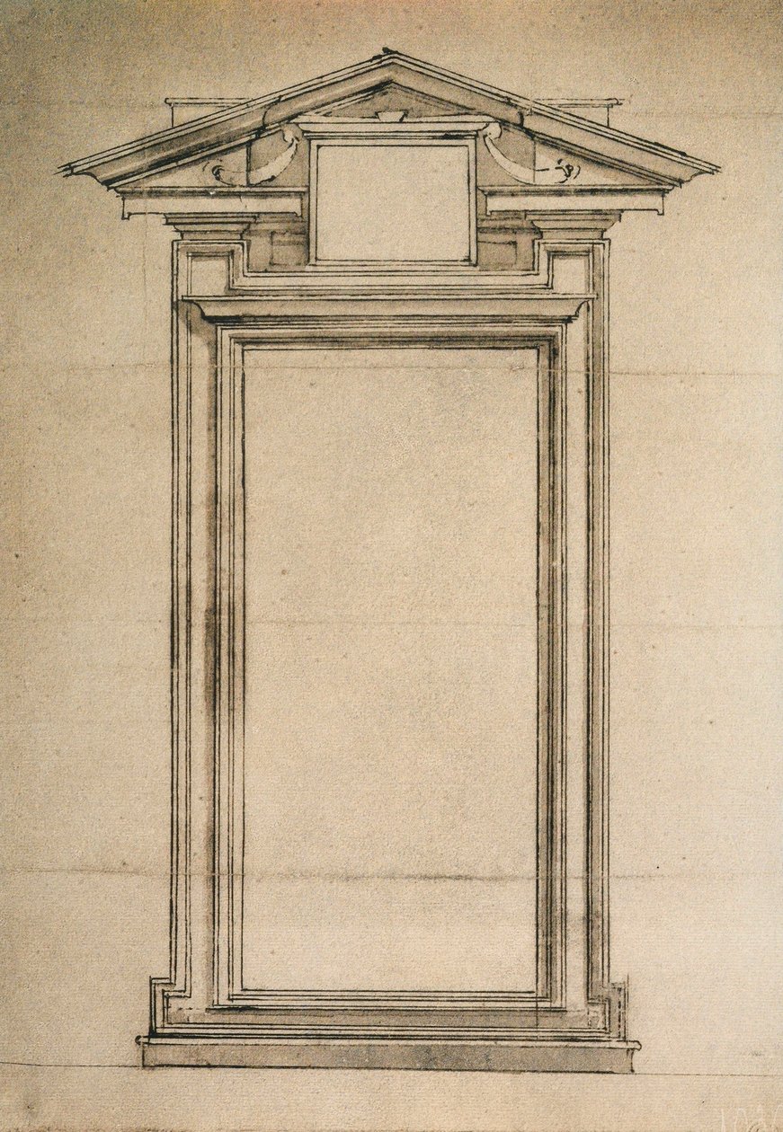 Arkkitehtoninen tutkimus Biblioteca Laurenzianan ovesta; piirustus Michelangelo. Casa Buonarroti, Firenze tekijältä Michelangelo Buonarroti