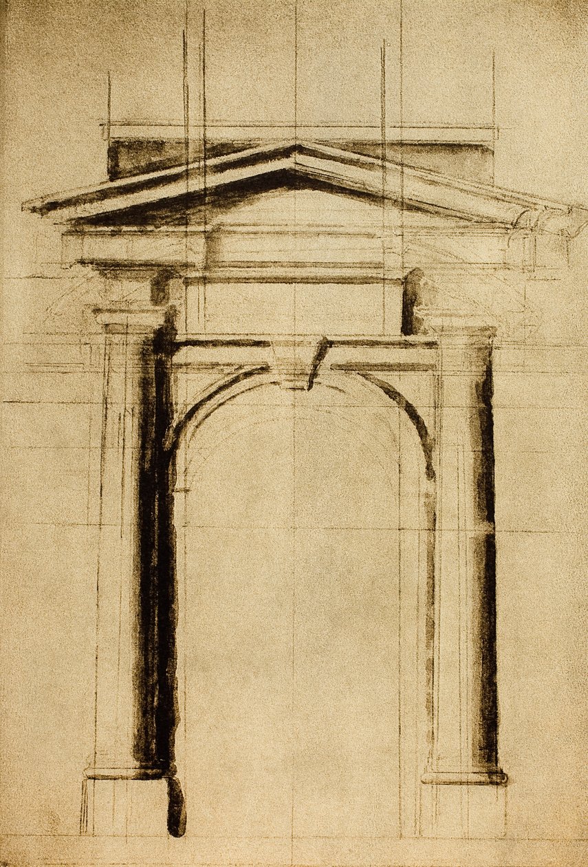 Arkkitehtoninen tutkimus ovesta, jossa on kolmion muotoinen tympani; piirustus Michelangelo. Casa Buonarroti, Firenze tekijältä Michelangelo Buonarroti