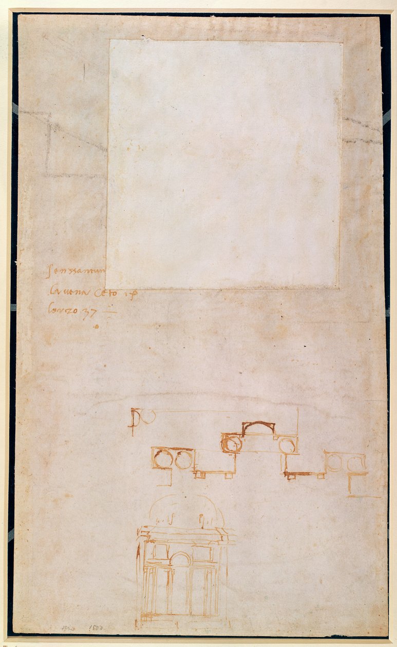 Arkkitehtoninen opiskelu muistiinpanoilla (ruskea kynä paperille) (recto) tekijältä Michelangelo Buonarroti