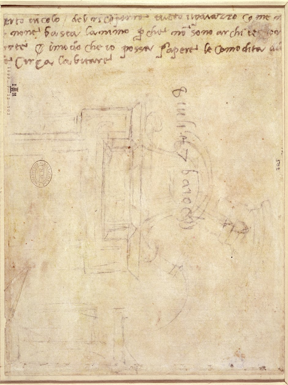 Arkkitehtoninen tutkimus muistiinpanoineen (kynä ja lyijykynä paperille) (käänteinen) (katso rev. 191771) tekijältä Michelangelo Buonarroti