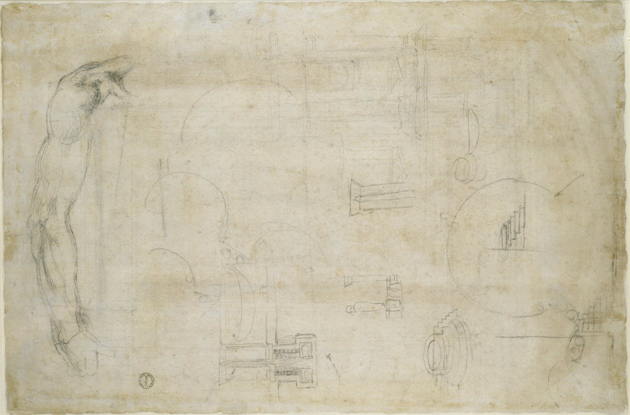 Arkkitehtitutkimukset ja miehen käsivarsi, n. 1538-1550 (musta liitu paperille) tekijältä Michelangelo Buonarroti