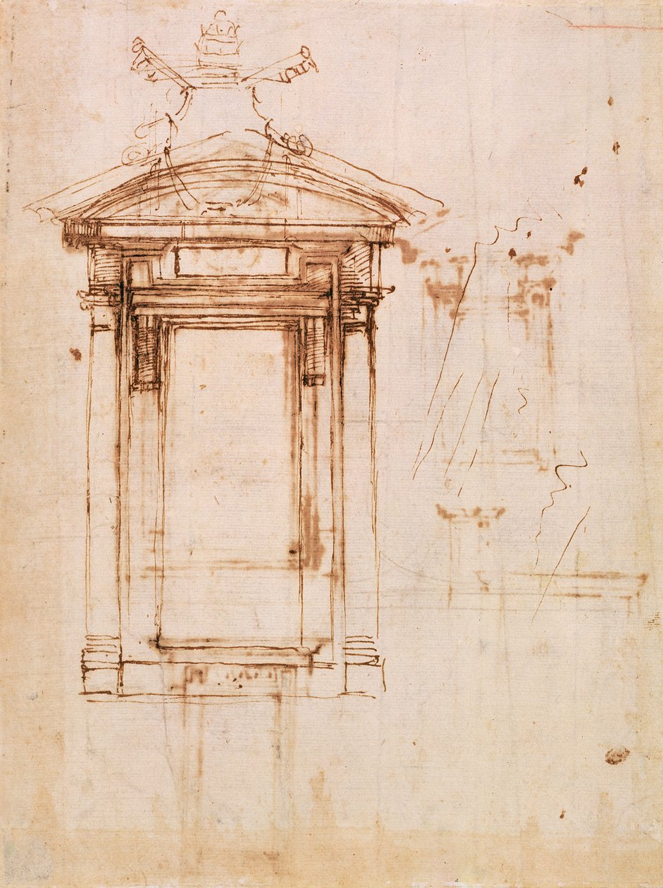 Arkkitehtuuritutkimus (ruskeaa tussia paperille ja ruskeaa pesua) (etusivu) tekijältä Michelangelo Buonarroti