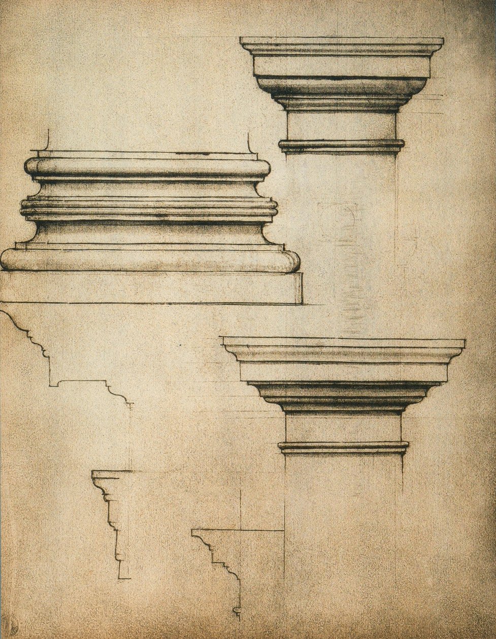 Pilarin pohja ja pääkirjat; piirustus Michelangelo. Casa Buonarroti, Firenze tekijältä Michelangelo Buonarroti