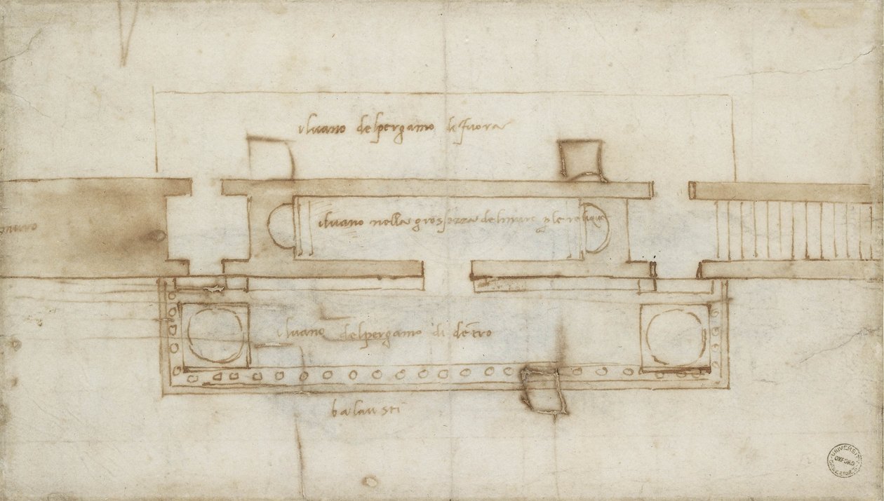 Suunnittelu pyhäinjäännöskammioon, 1500-luku (punainen liitu paperille) tekijältä Michelangelo Buonarroti