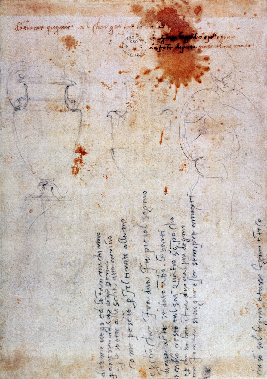 Piirustus uurnasta ja hahmosta muistiinpanoilla (ruskea muste ja kynä paperille) (käänteinen) tekijältä Michelangelo Buonarroti