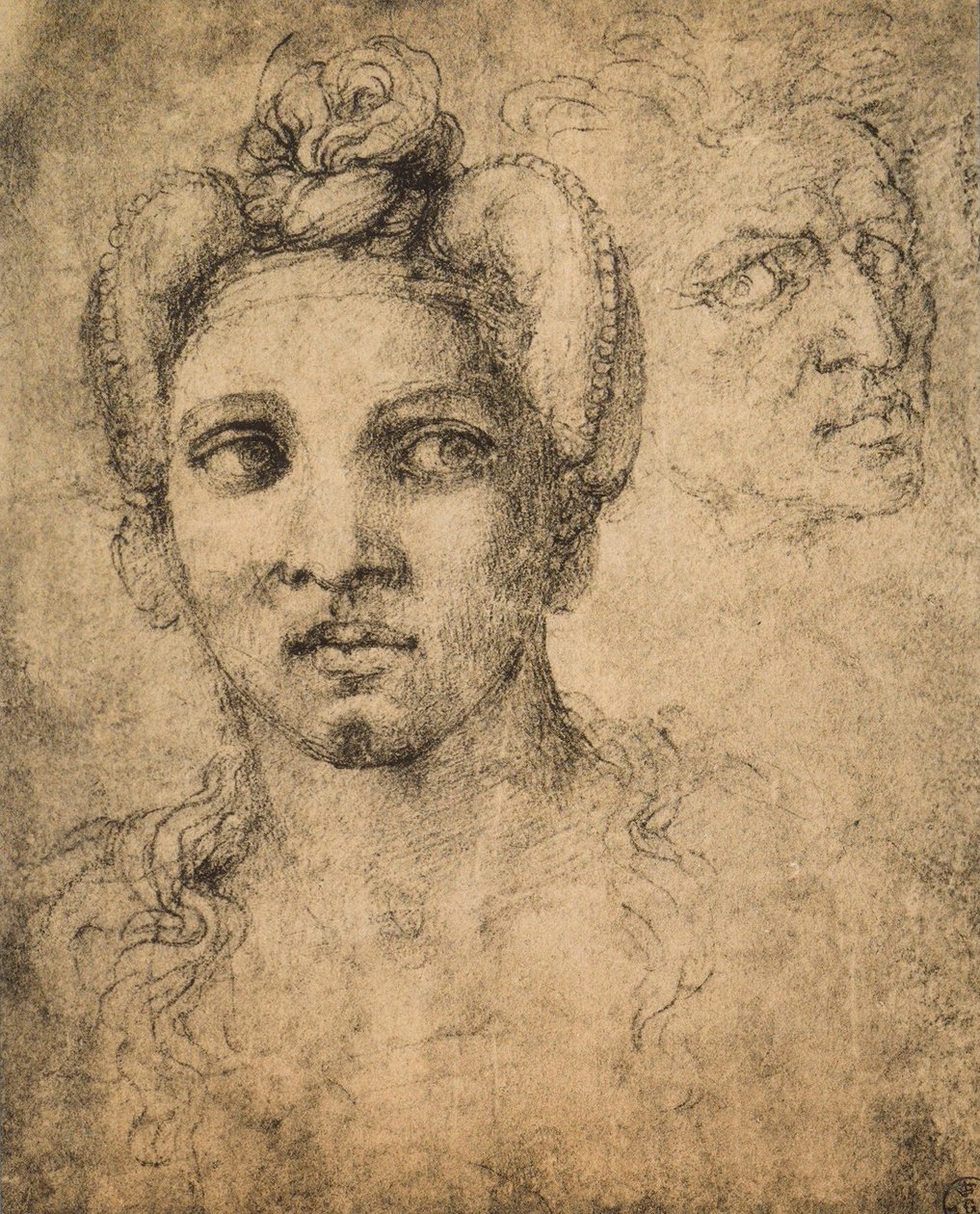 Naisen pää, Michelangelon piirustus. Piirustus- ja grafiikkakaappi, Uffizi, Firenze tekijältä Michelangelo Buonarroti