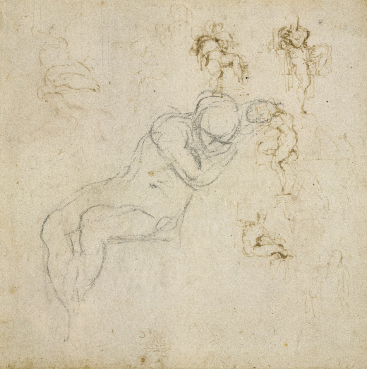 Figuuritutkimus, n. 1511 (musta liitu, kynä ja muste paperille) tekijältä Michelangelo Buonarroti