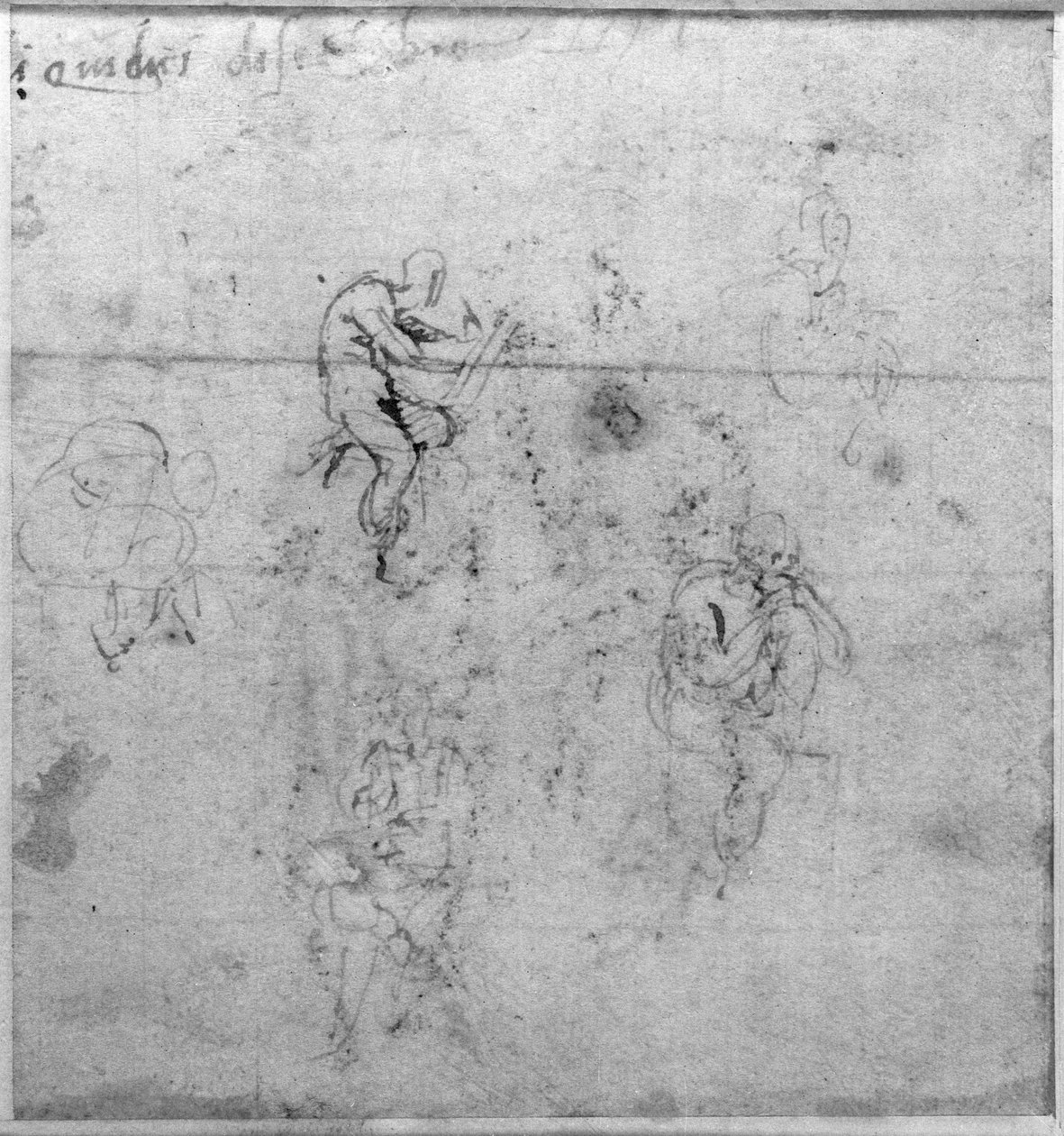 Kuvatutkimukset Sikstuksen kappelin katolle, n. 1511 (kynä ja musta liitu paperille) tekijältä Michelangelo Buonarroti