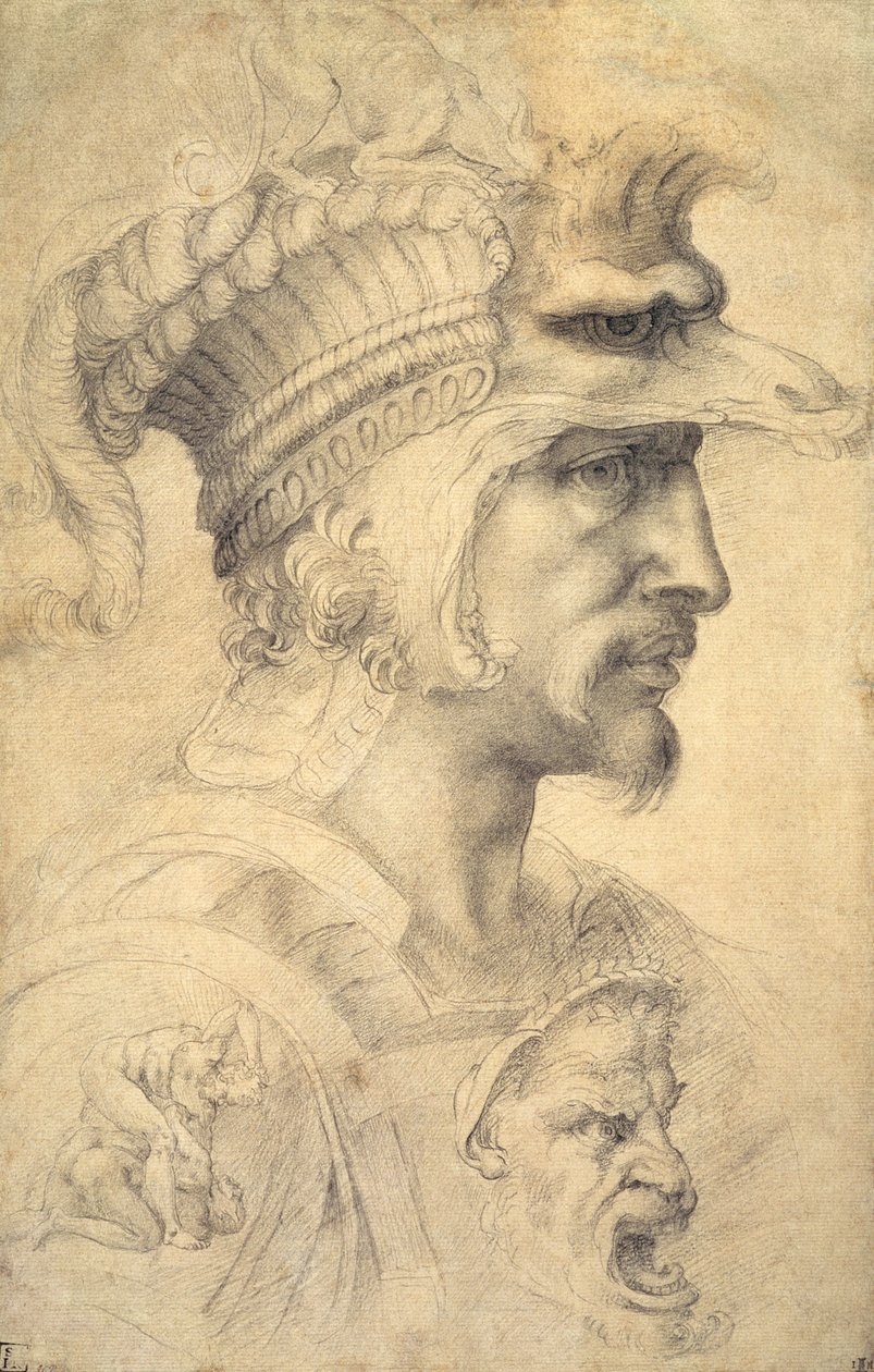 Soturin ihanteellinen pää (musta liitu paperille) tekijältä Michelangelo Buonarroti