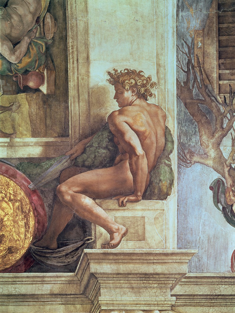 Ignudo Sikstuksen katosta (ennen restaurointi) tekijältä Michelangelo Buonarroti